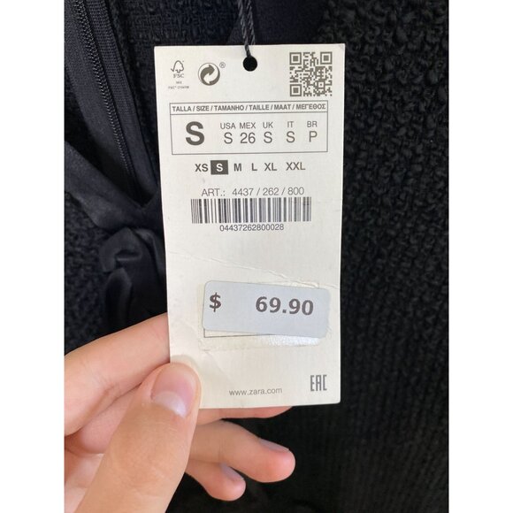 Zara Woman Black Bow-Accent Textured Short Sleeve Dress Size S Acrylic - Picture 4 of 8